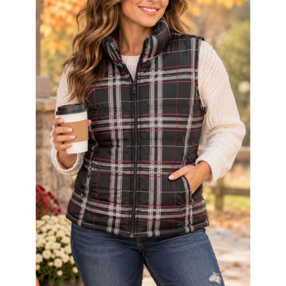 CHARTER CLUB Black Plaid Puffer Vest Medium Petite Sleeveless Jacket Coat